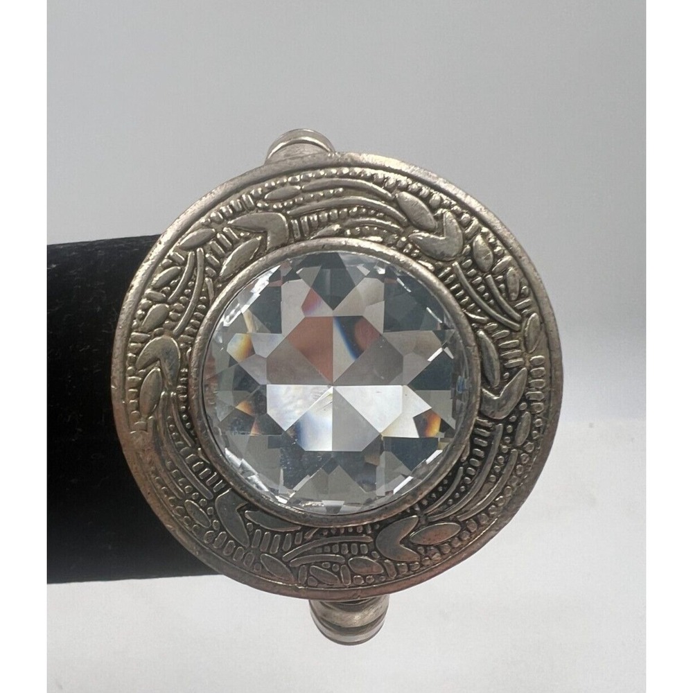 Vintage Ornate Crystal Cuff Bracelet Large Round Clear Stone Clasp Silver Tone